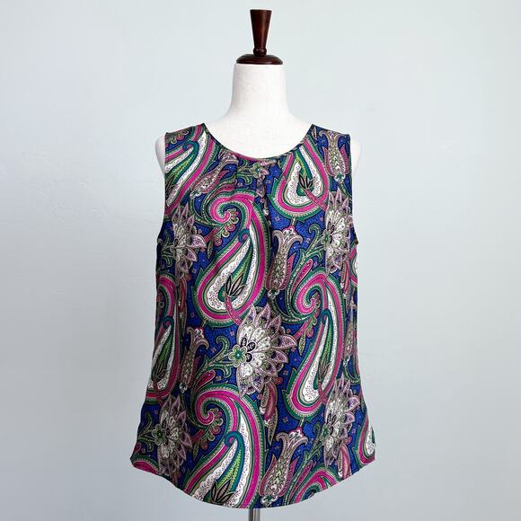 Talbots 100% Silk Paisley Sleeveless Pleated Neckline Blouse - Picture 1 of 7